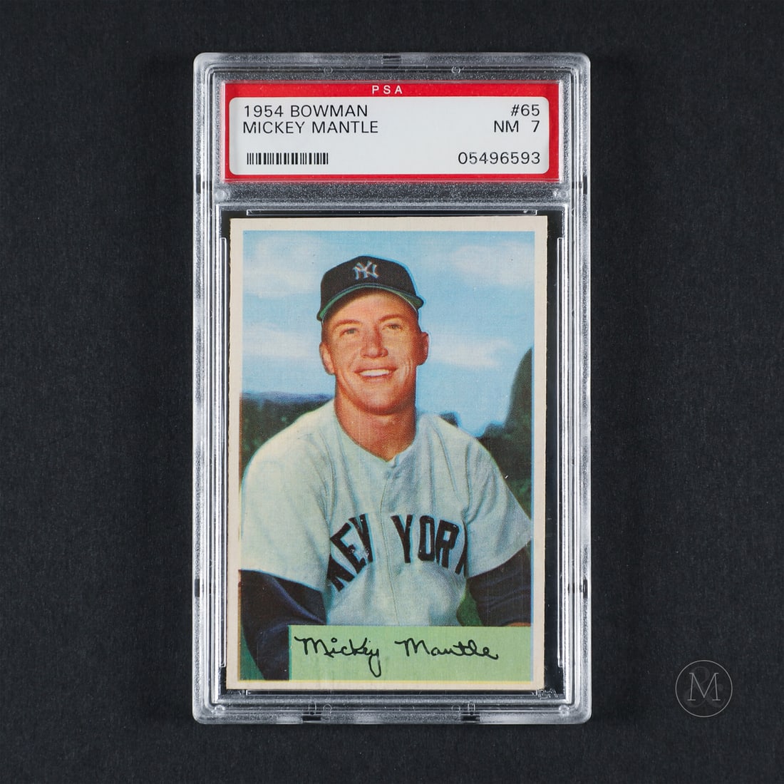 1954 Bowman #65 Mickey Mantle (PSA 7 NM): Offered here is the 1954 Bowman Mickey Mantle card (#65). This issue is significant because it was the only major-manufacturer card produced for Mantle in 1954 due to an exclusive licensing contract
