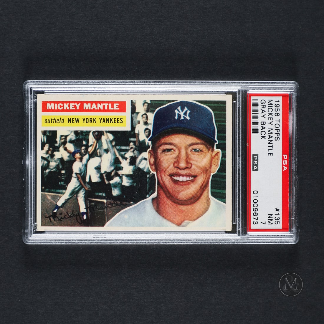 1956 Topps #135 Mickey Mantle (Grey Back) (PSA 7 NM): Offered here is the 1956 Topps Mickey Mantle card (#135). This issue is highly significant as it was released during Mantle's historic Triple Crown-winning season and features both a portrait and an