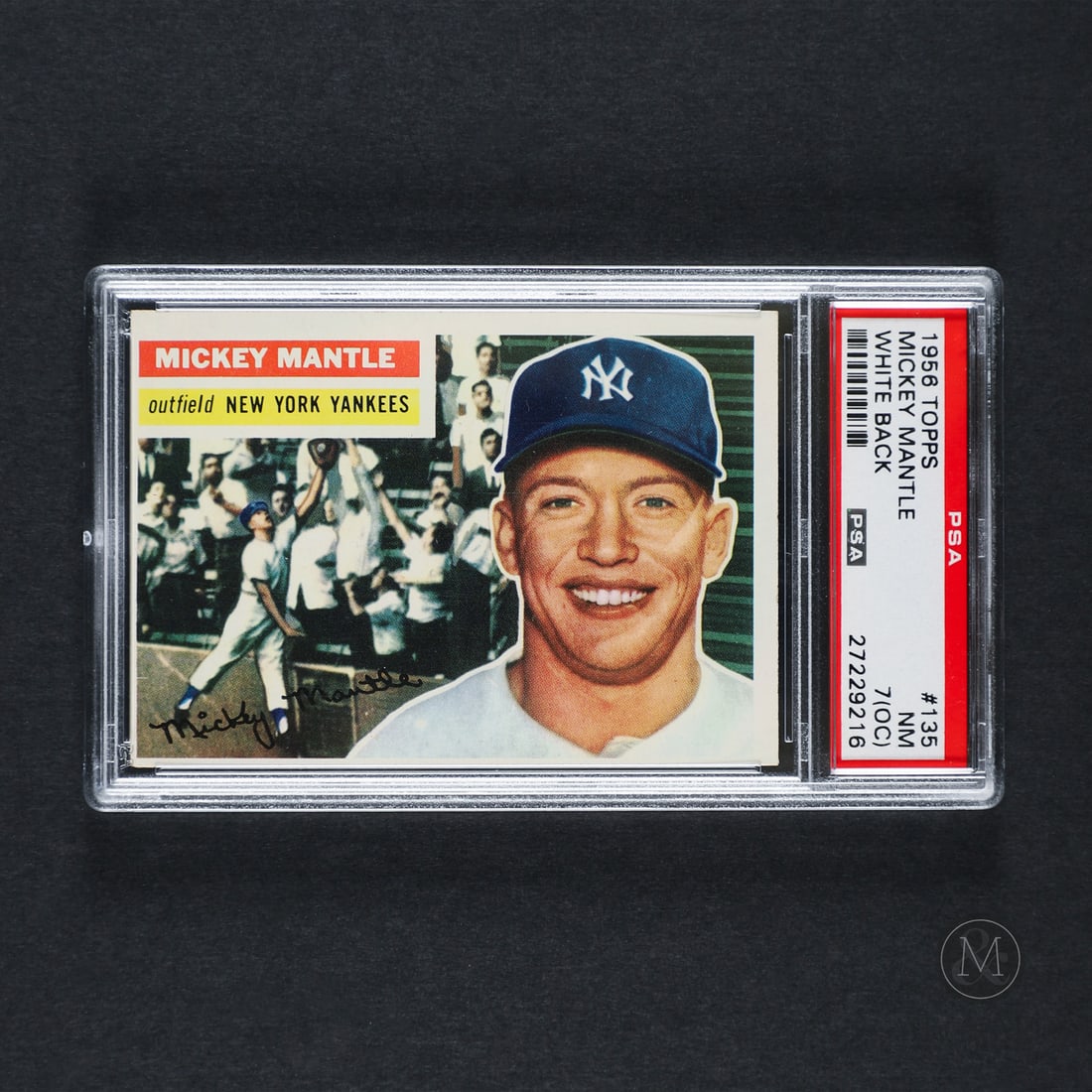 1956 Topps #135 Mickey Mantle (White Back) (PSA-7 NM (OC)): Offered here is the 1956 Topps Mickey Mantle card (#135). This issue is highly significant as it was released during Mantle's historic Triple Crown-winning season and features both a portrait and an