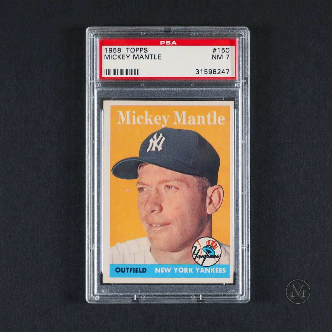 1958 Topps #150 Mickey Mantle (PSA 7 NM): Offered here is the 1958 Topps Mickey Mantle card (#150). This issue is significant for its bold, solid-color background presentation characteristic of Topps' late-50s graphic identity. Mickey Mantle 