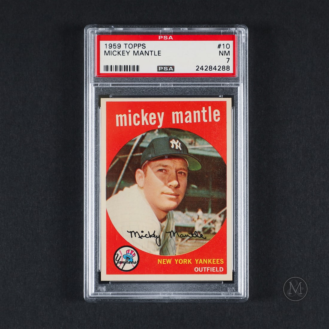 1959 Topps #10 Mickey Mantle (PSA 7 NM): Offered here is the 1959 Topps Mickey Mantle card (#10). This issue is significant as a base set anchor card featuring Topps' distinctive circular portrait window motif. Mickey Mantle played his