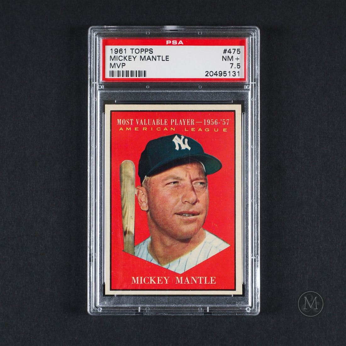 1961 Topps #475 Mickey Mantle (PSA 7.5 NM+): Offered here is the 1961 Topps Mickey Mantle Most Valuable Player card (#475). This card is significant as a dedicated archive issue profiling Mantle's status as a past recipient of the American