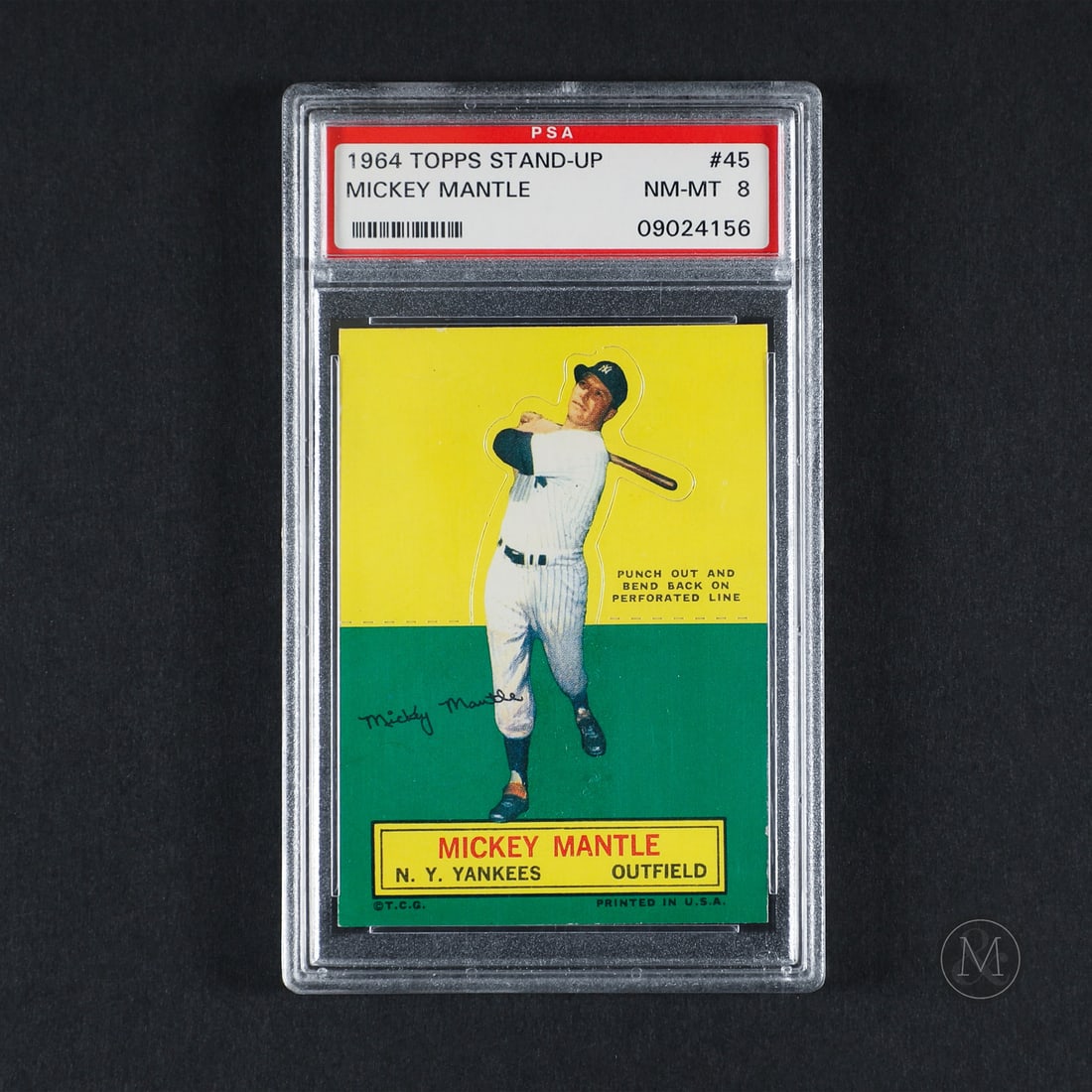 1964 Topps Stand-Up #45 Mickey Mantle (PSA 8 NM-MT): Offered here is the 1964 Topps Stand-Up Mickey Mantle card (#45). This insert issue is highly significant as an unnumbered, die-cut specialty tracking item designed with a perforated border allowing