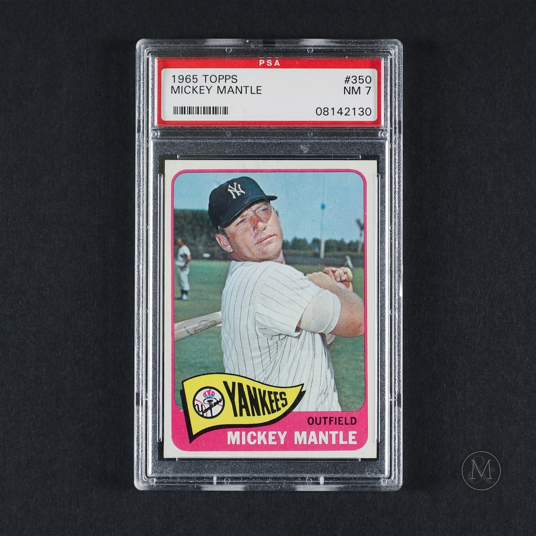 1965 Topps #350 Mickey Mantle (PSA 7 NM): Offered here is the 1965 Topps Mickey Mantle base card (#350). This base set card is significant due to its design layout, utilizing a classic team pennant graphic in the lower corner to frame
