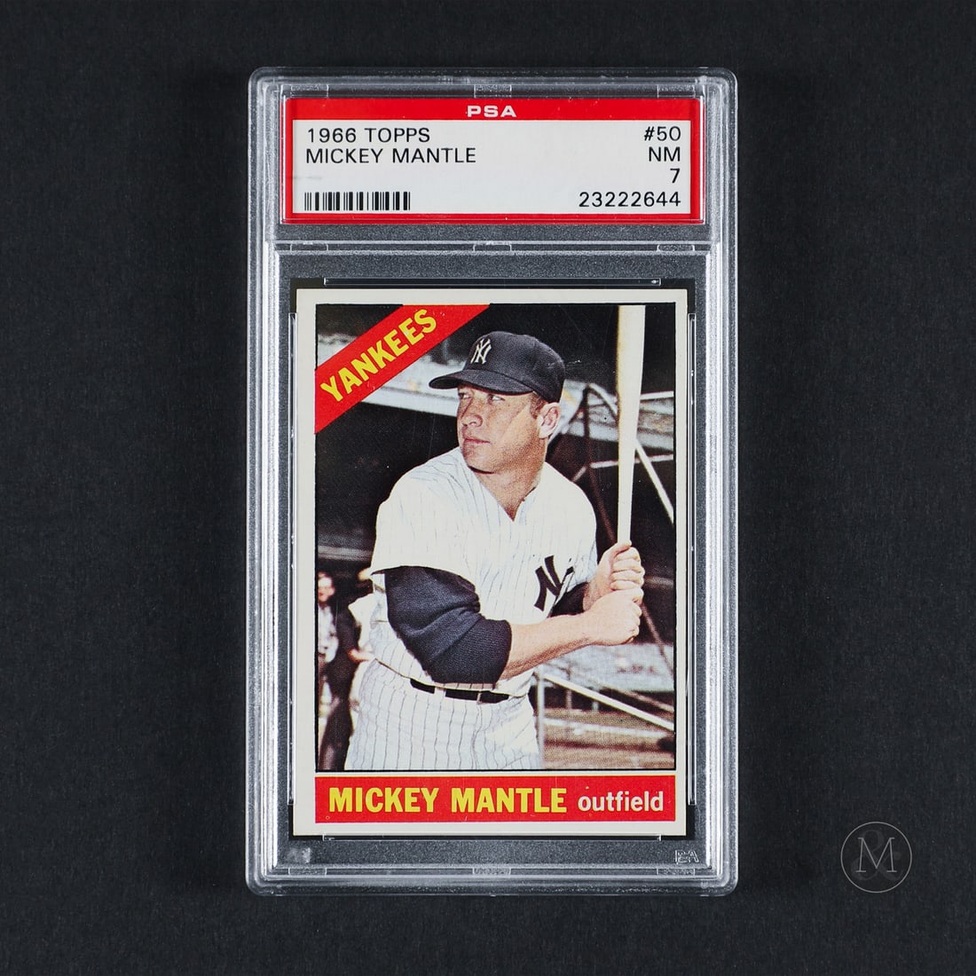 1966 Topps #50 Mickey Mantle (PSA 7 NM): Offered here is the 1966 Topps Mickey Mantle base card (#50). This base card issue is significant for its stark design layout, using thick block boundaries over an open portrait photograph of the