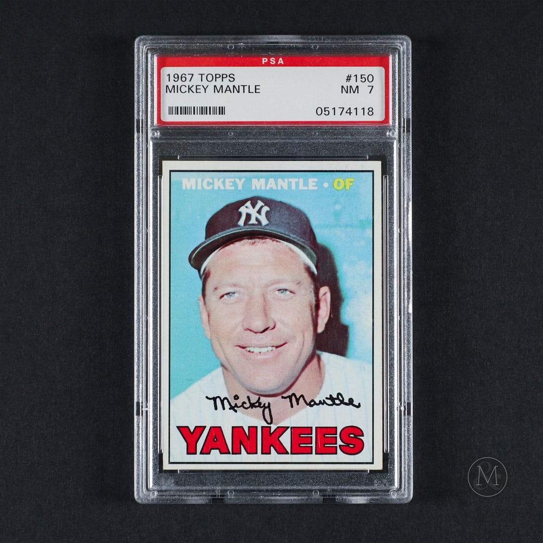 1967 Topps #150 Mickey Mantle (PSA 7 NM): Offered here is the 1967 Topps Mickey Mantle base card (#150). This base issue is significant as it represents the card released during the historic season in which Mantle joined the exclusive 500
