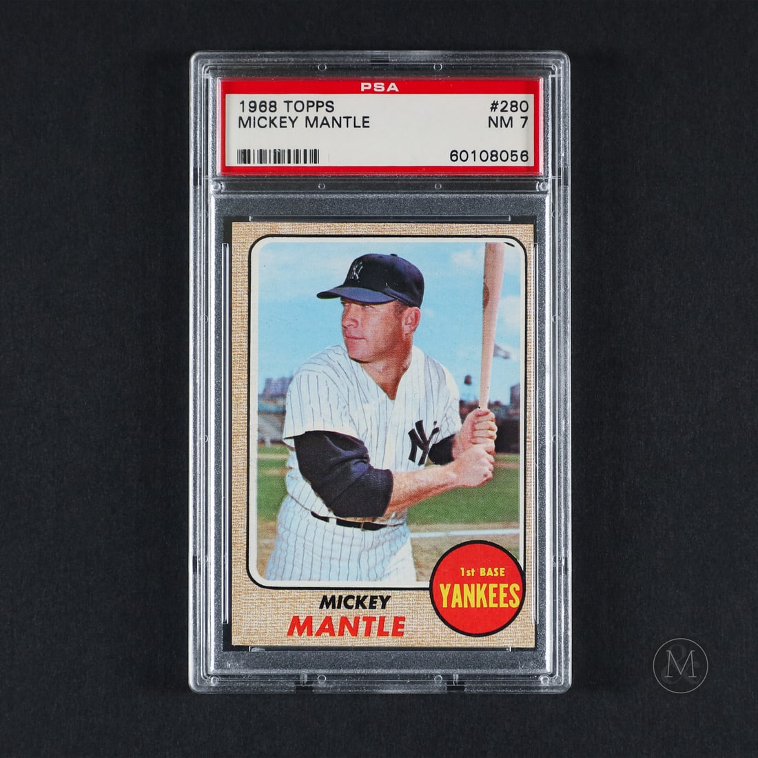 1968 Topps #280 Mickey Mantle (PSA 7 NM): Offered here is the 1968 Topps Mickey Mantle base card (#280). Mickey Mantle played his entire 18-year career with the New York Yankees, completing his tenure with 536 home runs, three MVP awards,