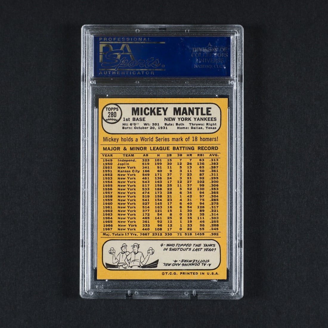 1968 Topps #280 Mickey Mantle (PSA 7 NM) - 2