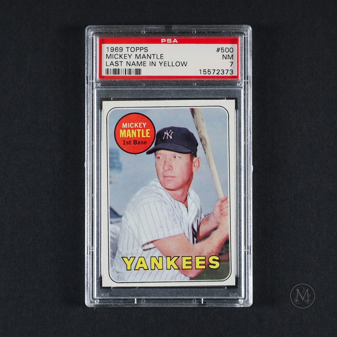1969 Topps #500-YL Mickey Mantle (PSA 7 NM): Offered here is the 1969 Topps Mickey Mantle Yellow Letter base card (#500). This base issue variation is highly significant as it features Mantle's name printed in a distinct yellow font,