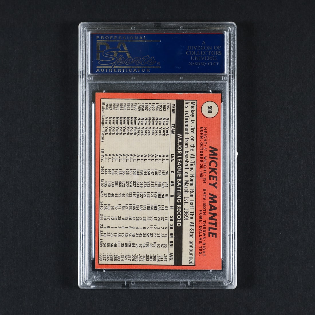 1969 Topps #500-YL Mickey Mantle (PSA 7 NM) - 2