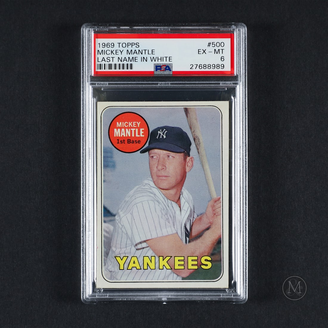1969 Topps #500-WL Mickey Mantle (PSA 6 EX-MT): Offered here is the 1969 Topps Mickey Mantle in the much more scarce White Letter base card variation (#500). This standard printing issue is significant as Mantle's final contemporary career card