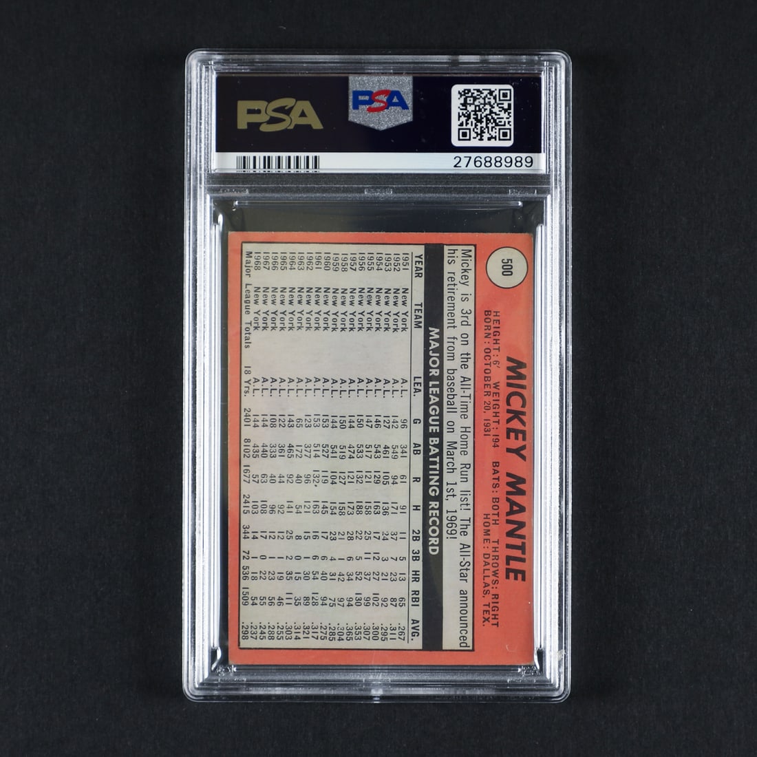 1969 Topps #500-WL Mickey Mantle (PSA 6 EX-MT) - 2