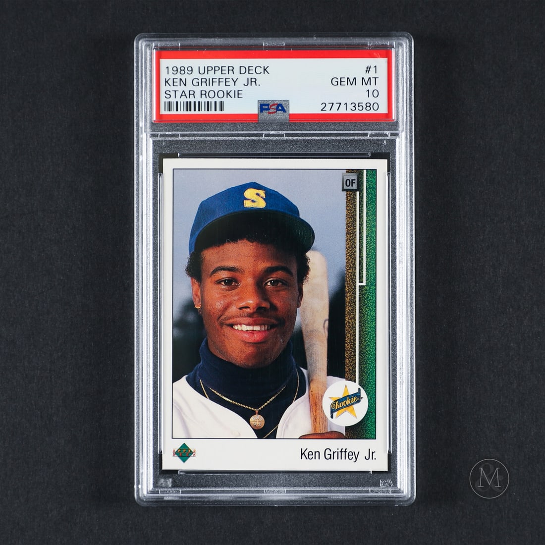 1989 Upper Deck #1 Ken Griffey Jr. (PSA 10): Offered here is the 1989 Upper Deck Ken Griffey Jr. rookie card (#1). This issue is significant as card number one in Upper Deck's inaugural premier set, which transformed modern card production