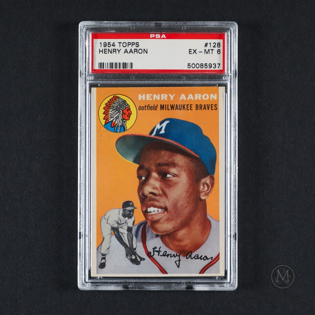 1954 Topps #128 Hank Aaron (PSA 6 EX-MT): Offered here is the 1954 Topps #128 rookie card of one of baseball's all time greats, Hank Aaron. The issue is significant for being the first to feature Hank Aaron during his rookie campaign in