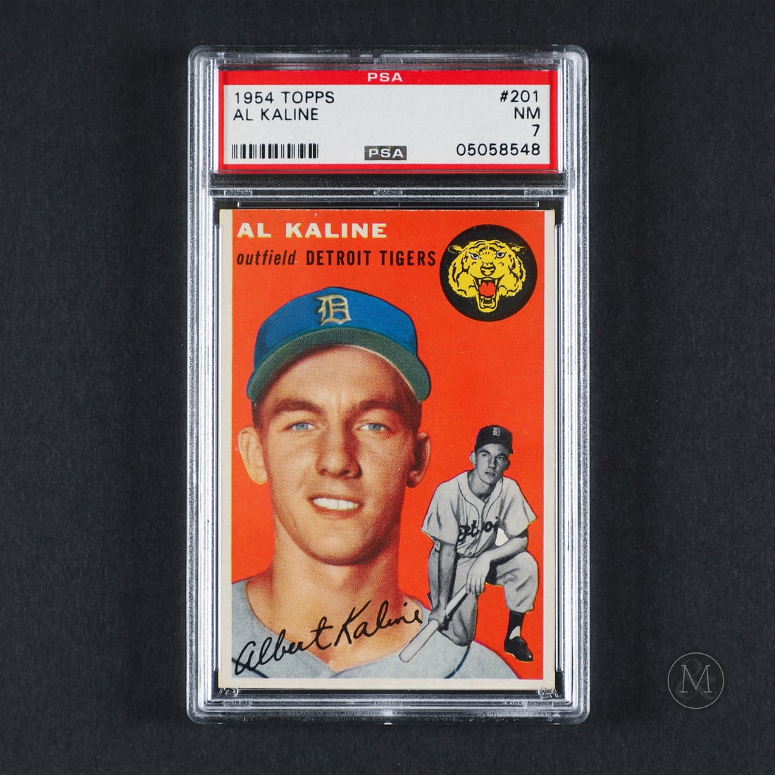 1954 Topps #201 Al Kaline (PSA 7 NM): Offered here is the 1954 Topps Al Kaline rookie card (#201). This issue is significant as the definitive rookie card release for the Detroit Tigers outfielder. Al Kaline played 22 seasons entirely