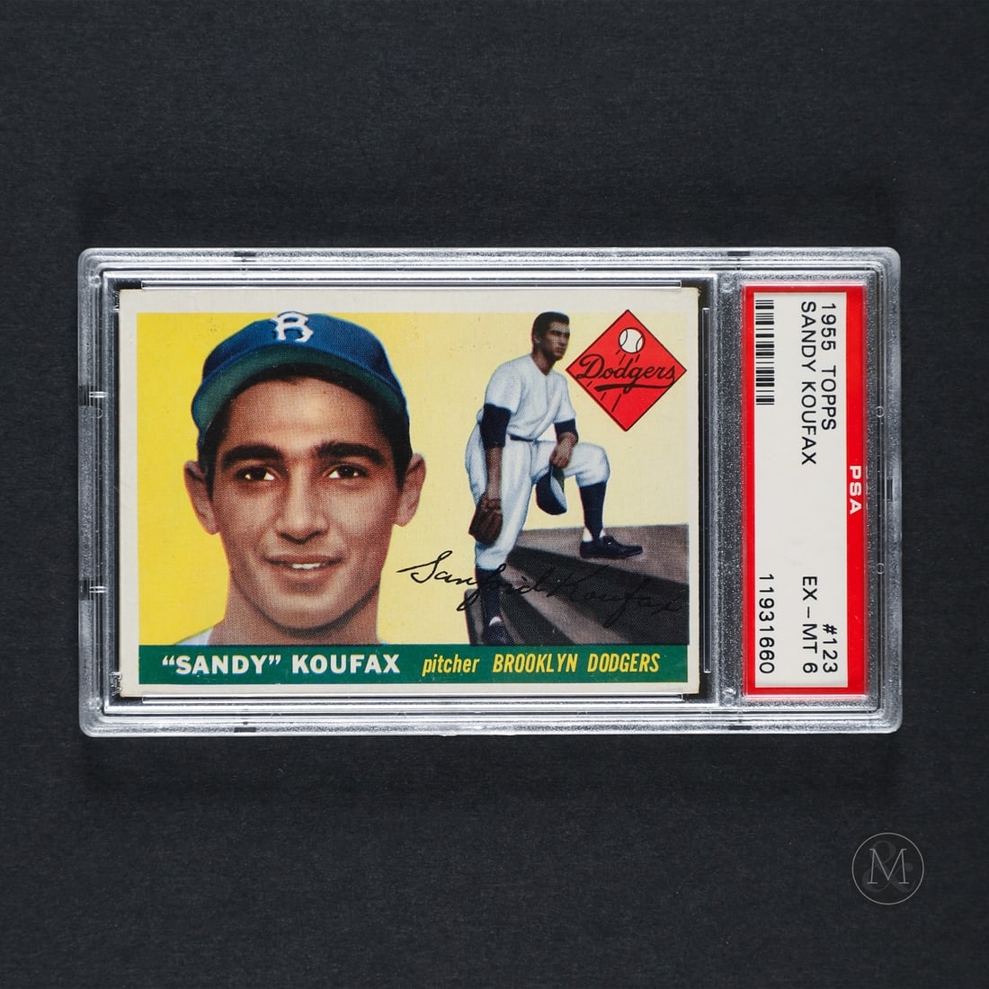 1955 Topps #123 Sandy Koufax (PSA 6 EX-MT): Offered here is the 1955 Topps Sandy Koufax rookie card (#123). This issue is significant as the official, widely collected Topps rookie card for the Brooklyn Dodgers left-hander. Sandy Koufax