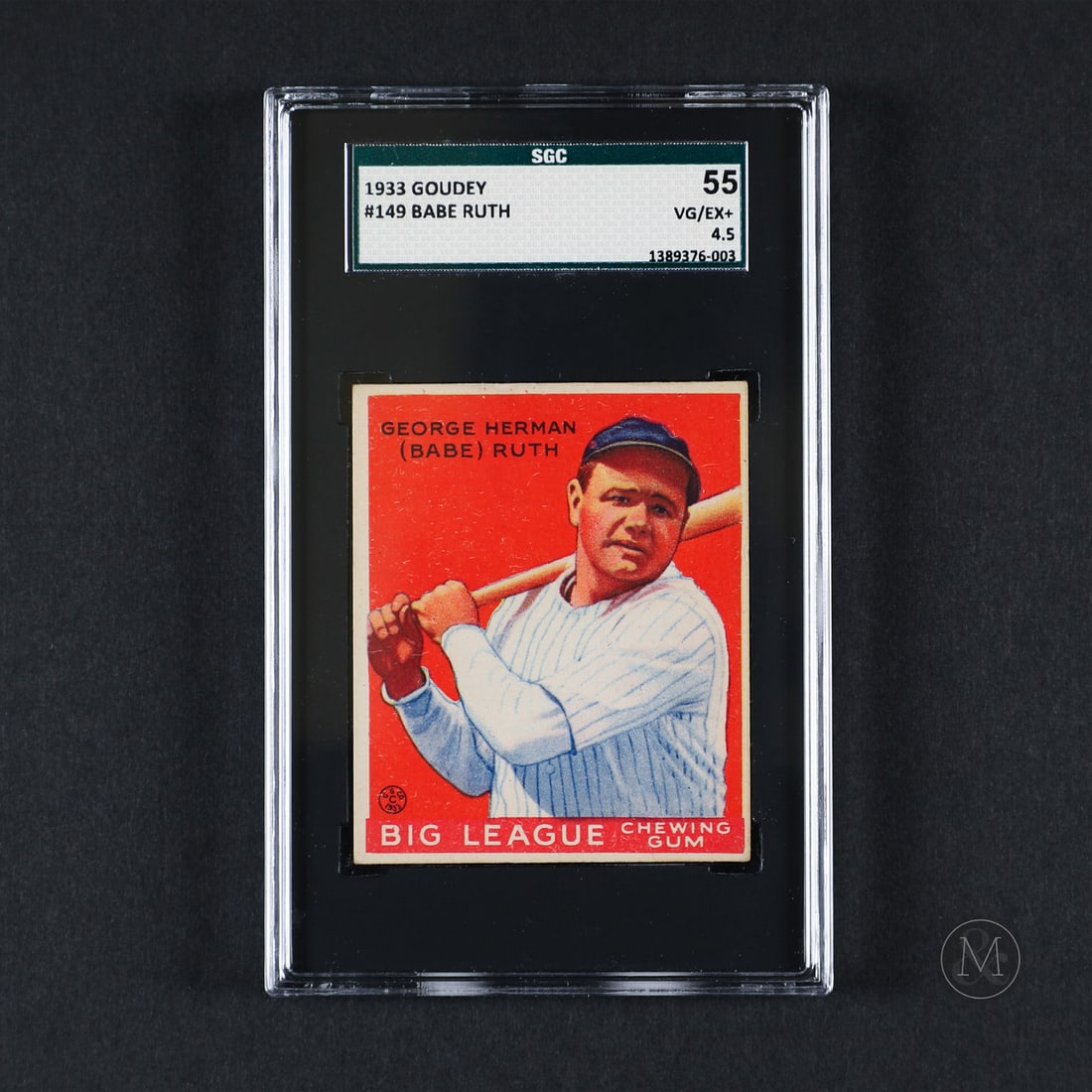 1933 Goudey #149 Babe Ruth (SGC 4.5 VG-EX+): Offered here is the 1933 Goudey Babe Ruth card (#149). This issue is significant as one of four distinct Babe Ruth cards featured in Goudey's landmark 1933 baseball set, which helped establish the