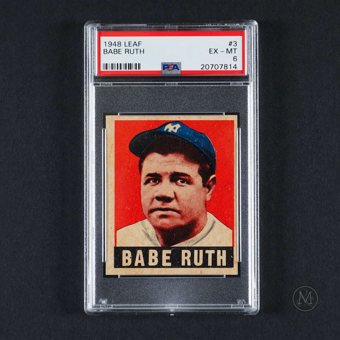 1948 Leaf #3 Babe Ruth (PSA 6 EX-MT): Offered here is the 1948 Leaf Babe Ruth card (#3). This issue is significant as a posthumous tribute card released in Leaf's classic, skip-numbered post-war set shortly after Ruth's passing in 1948.