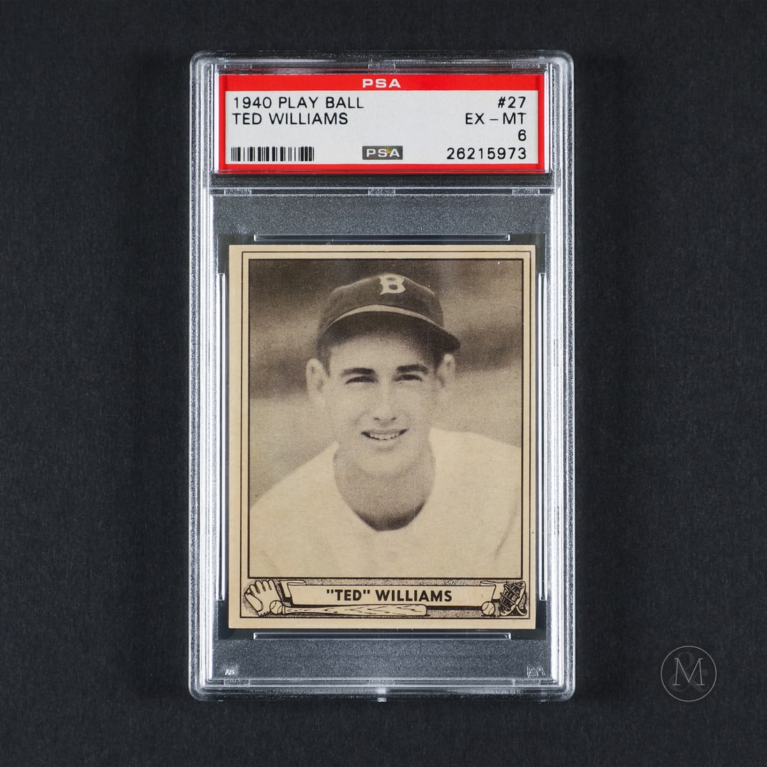 1940 Play Ball #27 Ted Williams (PSA 6 EX-MT): Offered here is the 1940 Play Ball Ted Williams card (#27). This issue is significant as a second-year card appearance for Williams in Gum Inc.'s classic black-and-white 240-card series. Ted Williams