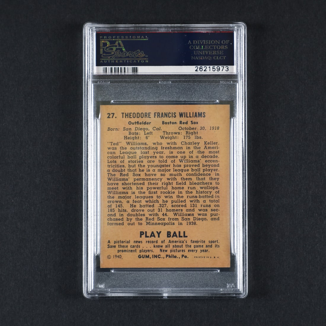 1940 Play Ball #27 Ted Williams (PSA 6 EX-MT) - 2