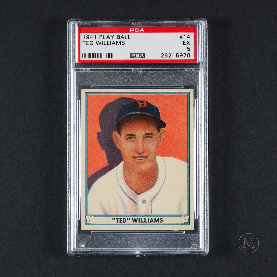 1941 Play Ball #14 Ted Williams (PSA 5 EX): Offered here is the 1941 Play Ball Ted Williams card (#14). This issue is significant as a key entry in Gum Inc.'s final pre-war baseball set, which introduced full-color artwork to the Play Ball seri