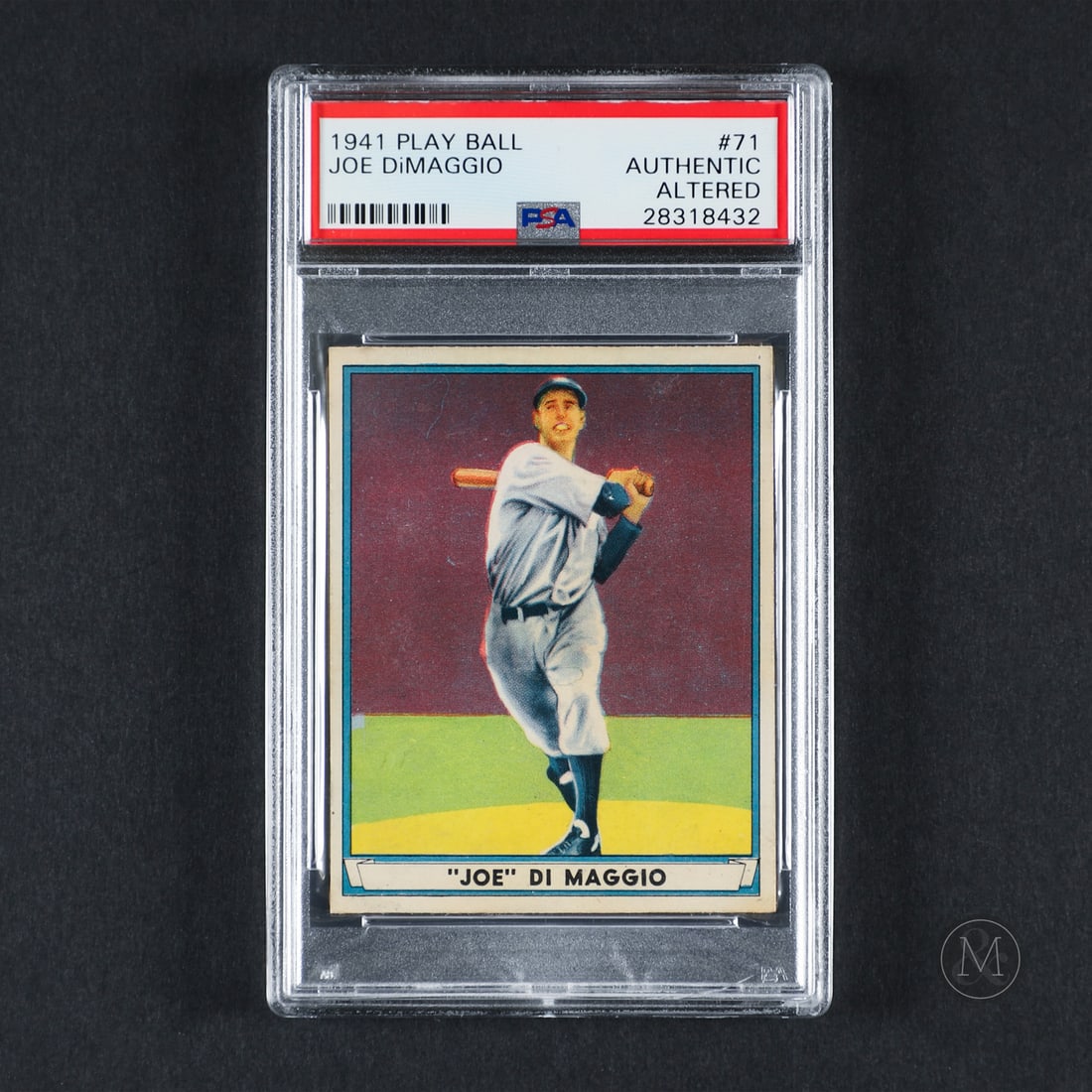 1941 Play Ball #71 Joe DiMaggio (PSA Authentic Altered): Offered here is the 1941 Play Ball Joe DiMaggio card (#71). This issue is significant as it was released during the same year as DiMaggio's historic 56-game hitting streak, serving as a cornerstone