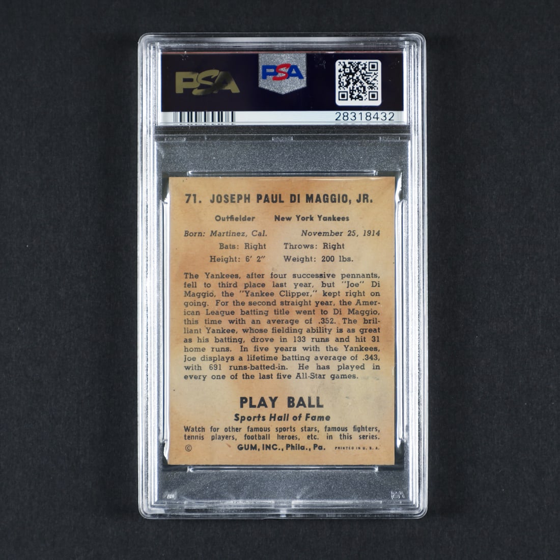 1941 Play Ball #71 Joe DiMaggio (PSA Authentic Altered) - 2
