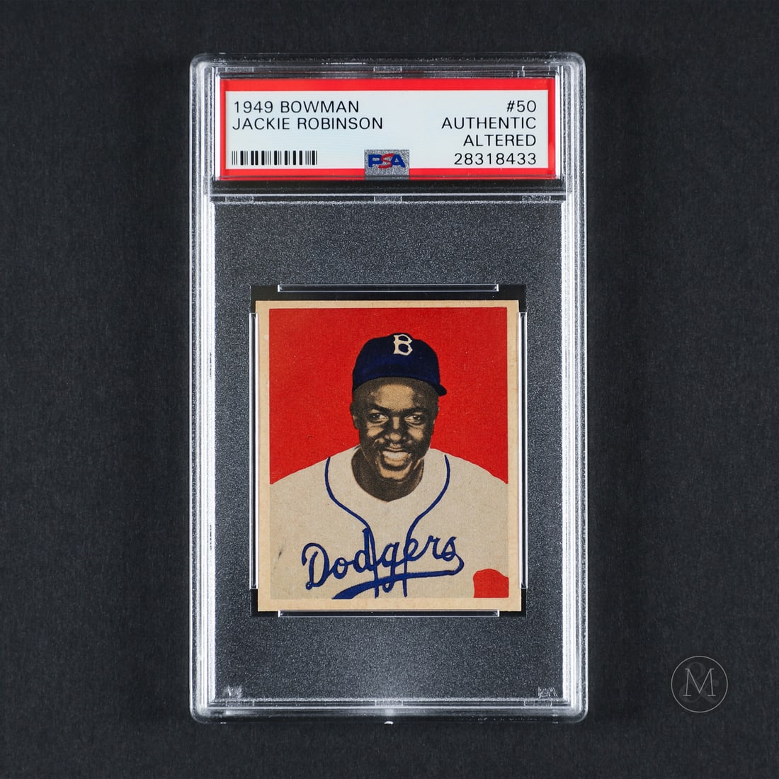 1949 Bowman #50 Jackie Robinson (PSA Authentic Altered): Offered here is the 1949 Bowman Jackie Robinson card (#50). This issue is significant as Robinson's true Bowman rookie card, representing a foundational piece of post-war baseball card history.