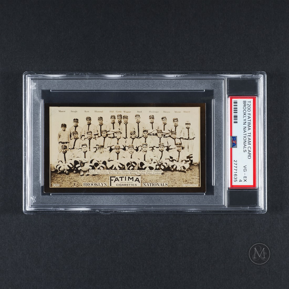 1913 Fatima Team Card Brooklyn Nationals (PSA 4 VG-EX): Offered here is the 1913 Fatima Tobacco Brooklyn Nationals Team card. The premium glossy photographic issue features hall of fame inductee Zach Wheat.The Fatima set features all eight clubs from both