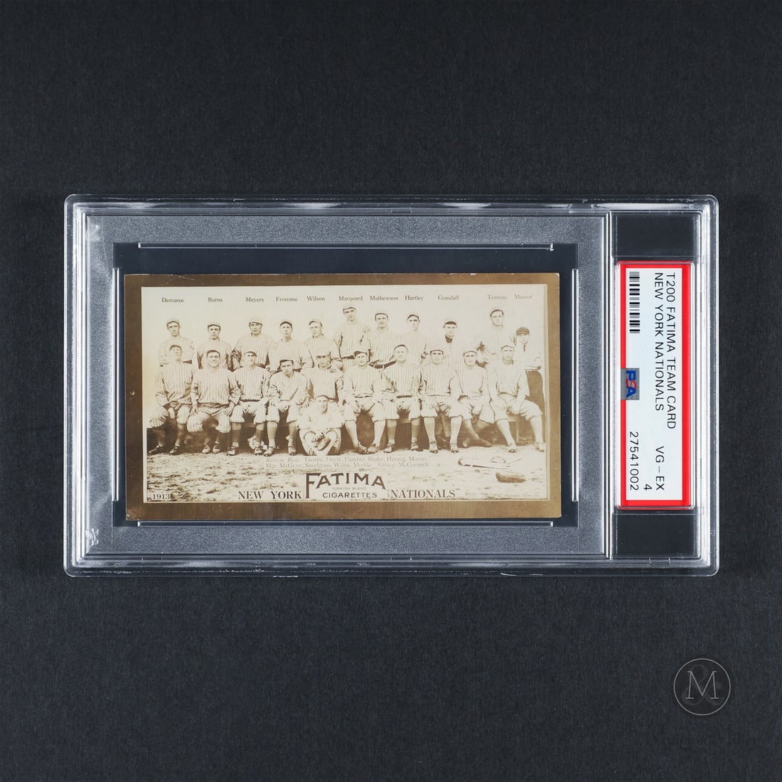 1913 Fatima Team Card New York Nationals (PSA 4 VG-EX): Offered here is the 1913 Fatima Tobacco New York Nationals Team card featuring Rube Marquard, Christy Mathewson, John McGraw and Jim Thorpe. The Fatima set features all eight clubs from both the