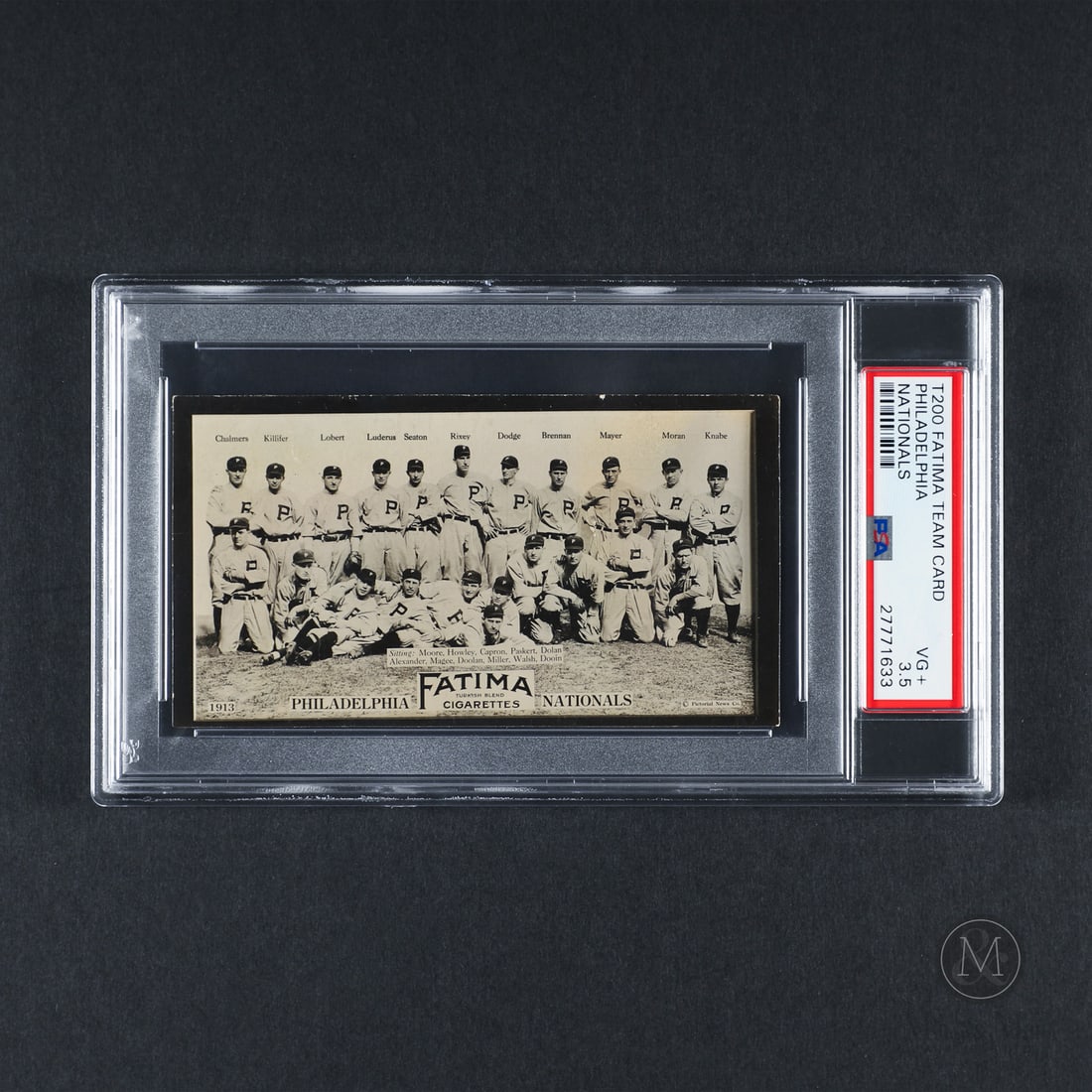 1913 Fatima Team Card Philadelphia Nationals (PSA 3.5 VG+): Offered here is the 1913 Fatima Tobacco Philadelphia Nationals Team Card featuring baseball legend Grover Cleveland Alexander in his first ever card. The Fatima set features all eight clubs from both