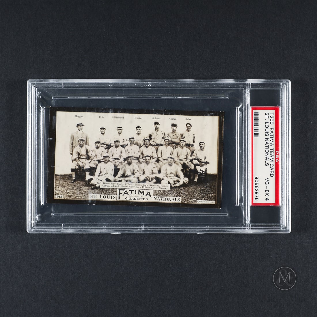 1913 Fatima Team Card St. Louis Nationals (PSA 4 VG-EX): A scarce example, offered here is the 1913 Fatima Tobacco St. Louis Nationals Team card. The Fatima set features all eight clubs from both the American League and National League, with each card
