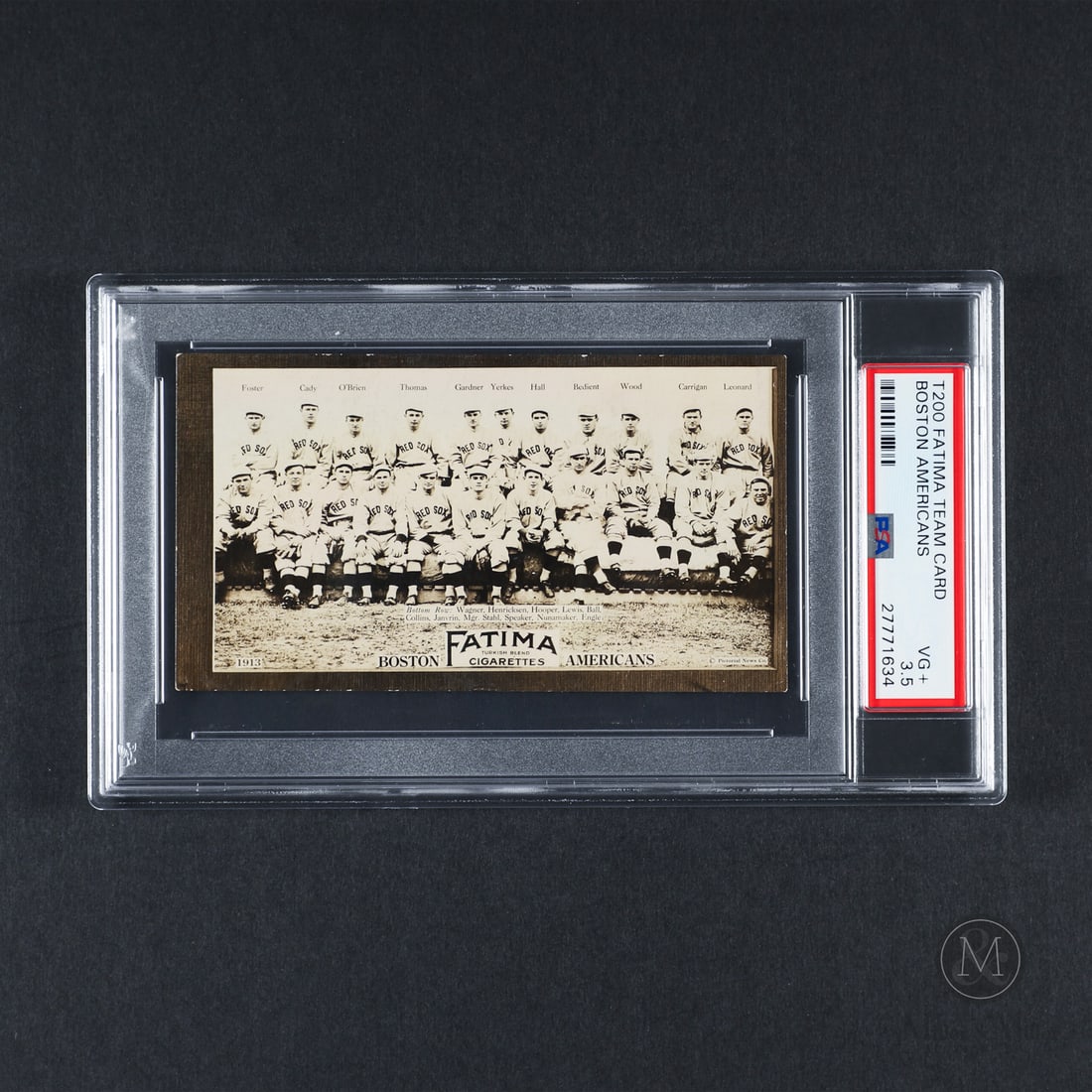 1913 Fatima Team Card Boston Americans (PSA 3.5 VG+): Offered here is the 1913 Fatima Tobacco Team card featuring notable names in Harry Hooper, Tris speaker, Jake Stahl and Smoky Joe Wood. The Fatima set features all eight clubs from both the American