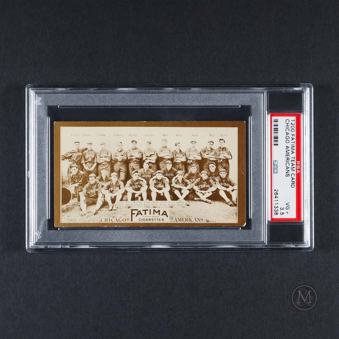 1913 Fatima Team Card Chicago Americans (PSA 3.5 VG+): Offered here is the 1913 Fatima Tobacco Chicago Americans team card featuring notable names in Ed Walsh, Ed Schalk, Ed Cicotte and Buck Weaver. The Fatima set features all eight clubs from both the