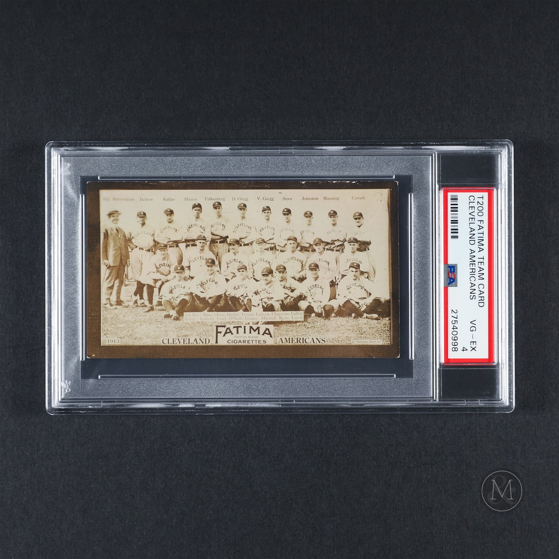 1913 Fatima Team Card Cleveland American (PSA 4 VG-EX): Offered here is the 1913 Fatima Tobacco Celeveland Americans (Naps) featuring baseball legends "Shoeless" Joe Jackson and Napoleon Lajoie. The Fatima set features all eight clubs from both the