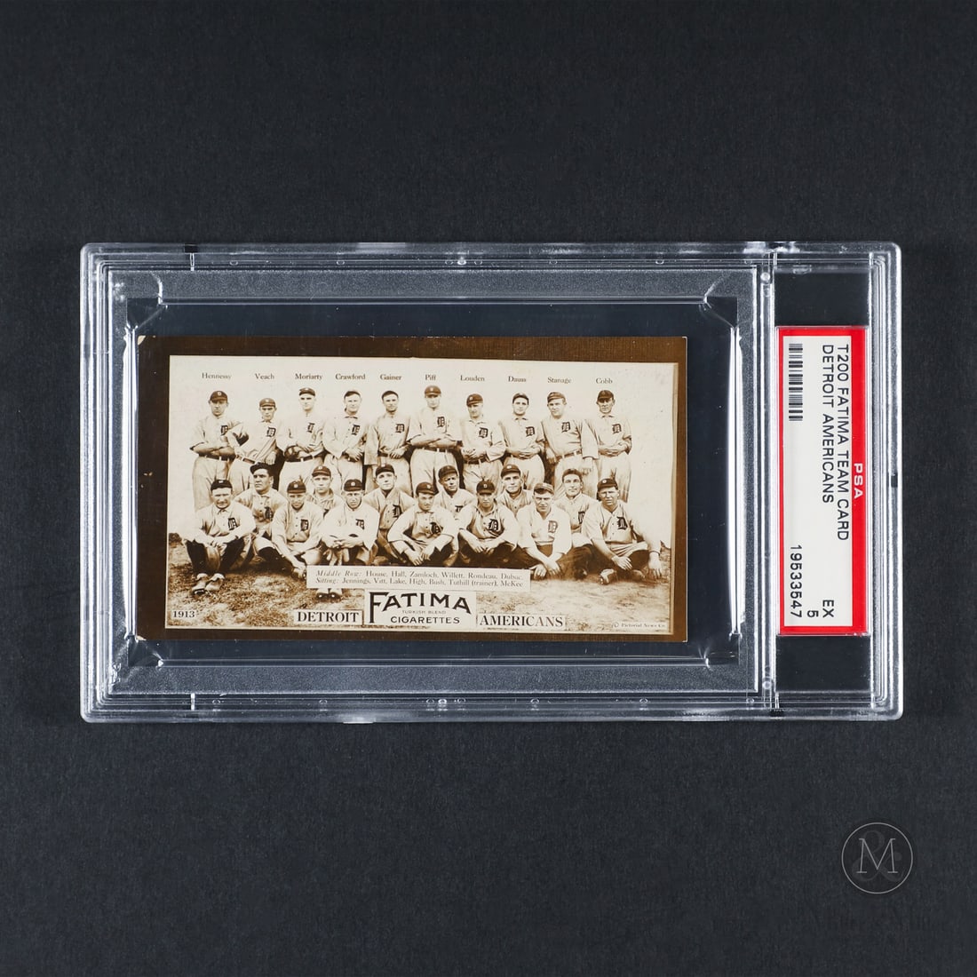 1913 Fatima Team Card Detroit Americans (PSA 5 EX): Offered here is the 1913 Fatima Detroit Americans team card featuring baseball legend Ty Cobb. The Fatima set features all eight clubs from both the American League and National League, with each