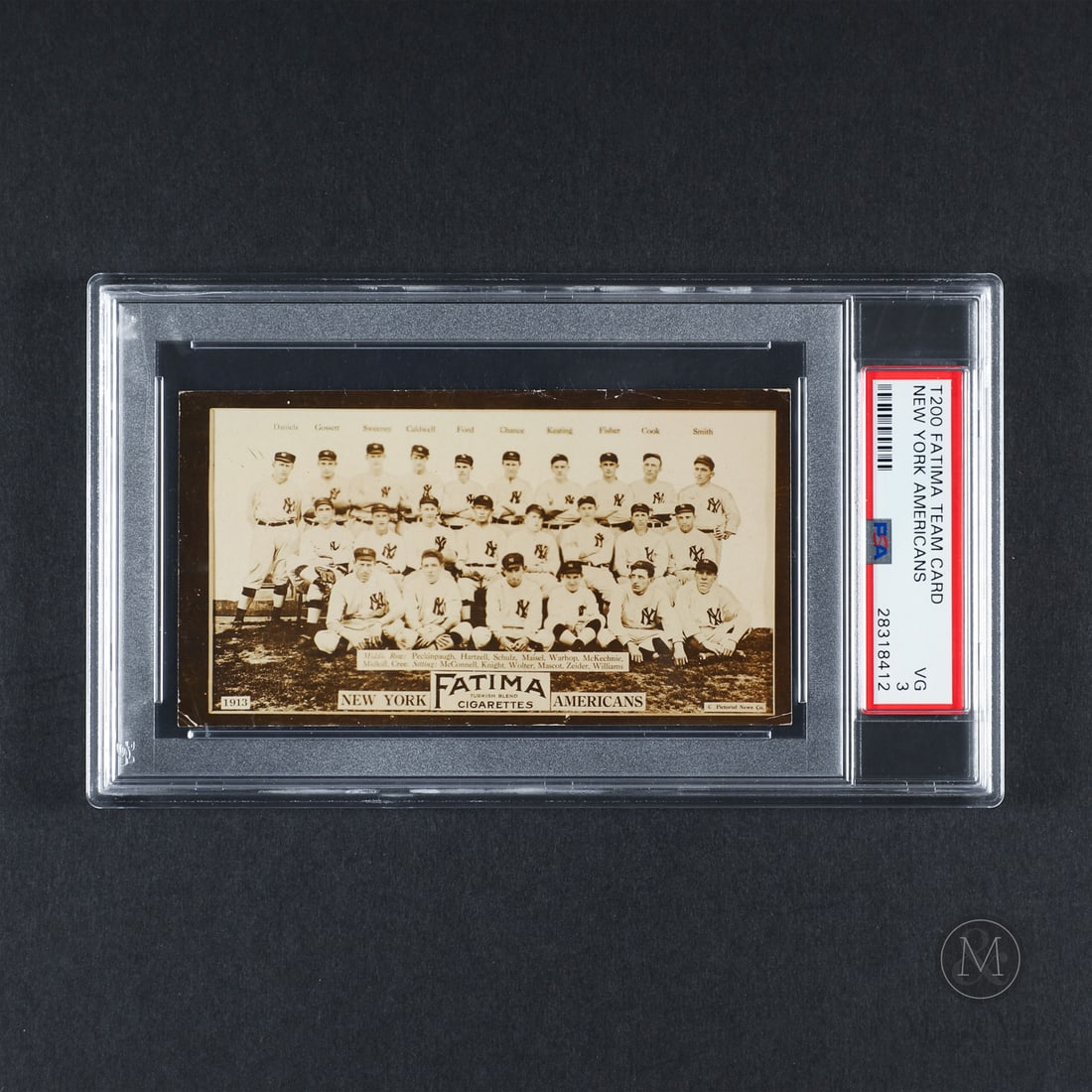 1913 Fatima Team Card New York Americans (Yankees) (PSA 3 VG): A significant example, offered here si the 1913 Fatima Tobacco New York Americans (Yankees) team card featuring key players in Frank Chance, Russ Ford, Roger Peckinpaugh, and Bill McKechnie. The Fatim