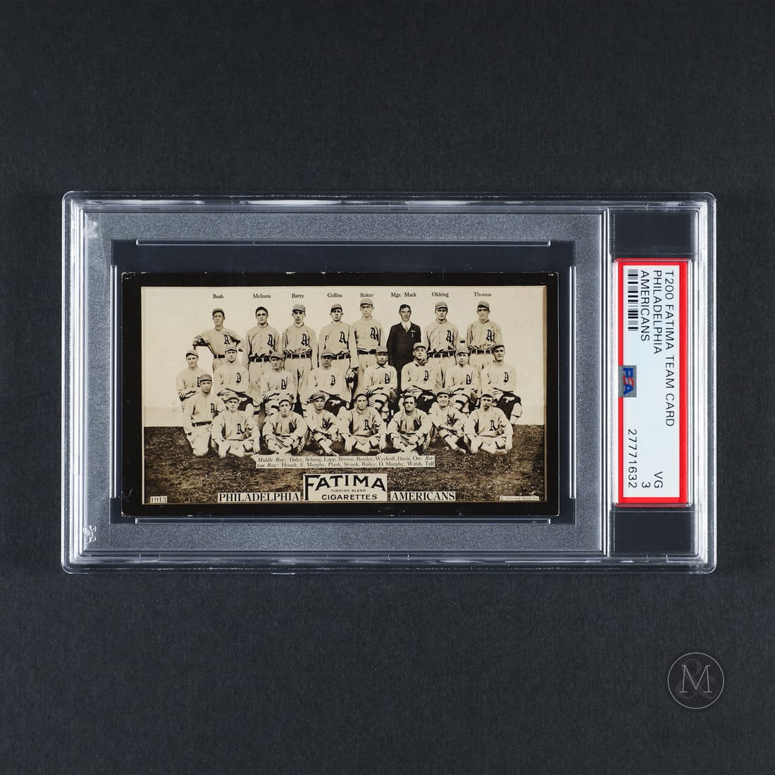 1913 Fatima Team Card Philadelphia Americans (PSA 3 VG): Offered here is the 1913 Fatima Tobacco Philadelphia Americans Team card featuring an all star grouping of Eddie Collins, Frank baker, Connie Mack, Chief bender and Eddie Plank. The Fatima set feature