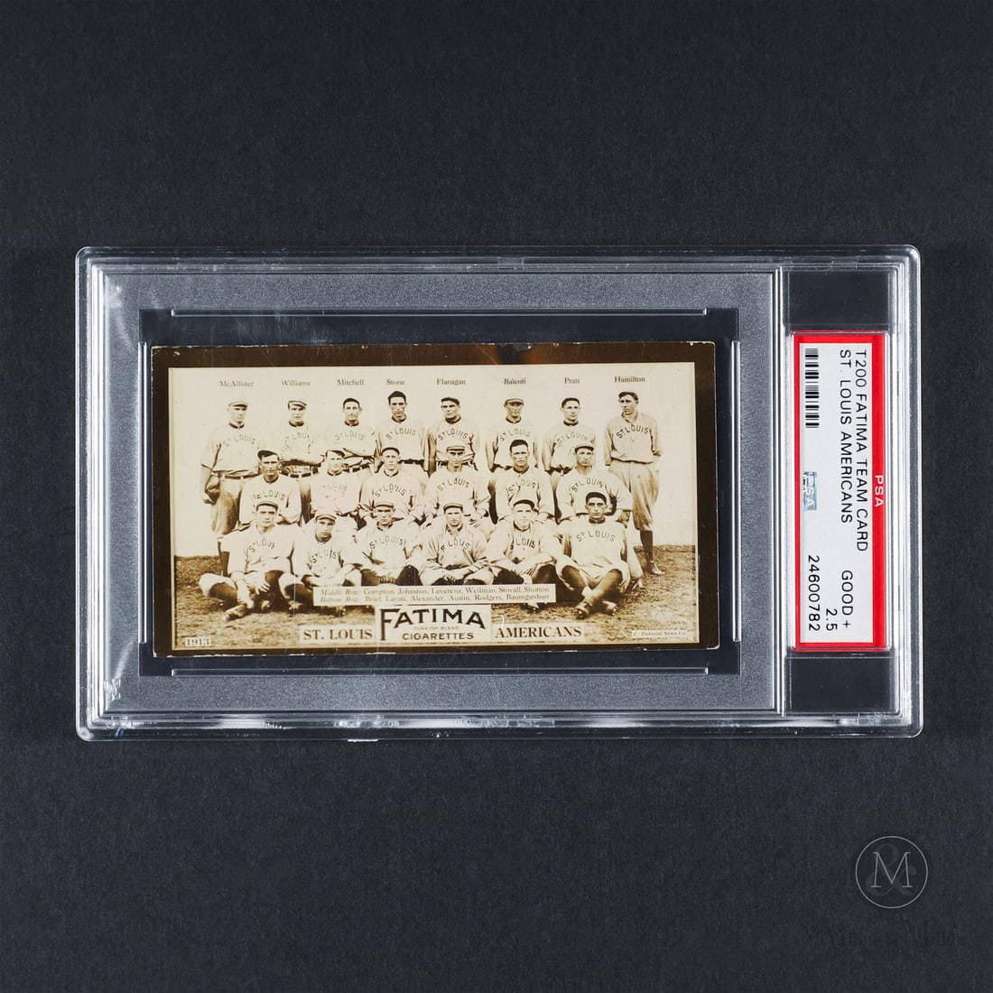 1913 Fatima Team Card St. Louis Americans (PSA 2.5 GD+): Offered here is an extremely scarce example of the 1913 Fatima Tobacco St. Louis Americant Team card. PSA has only handled 54 of the St. Louis Americans card. The Fatima set features all eight clubs f
