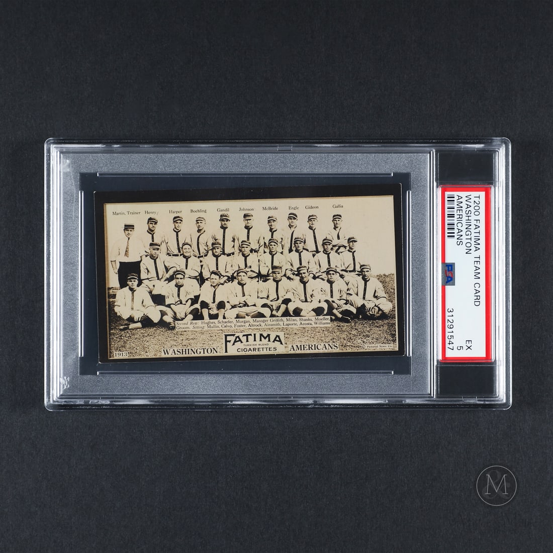 1913 Fatima Team Card Washington Americans (PSA 5 EX): With only one graded higher, offered here is the 1913 Fatima Tobacco Washinton Americans team card featuring Walter Johnson. The Fatima set features all eight clubs from both the American League and N