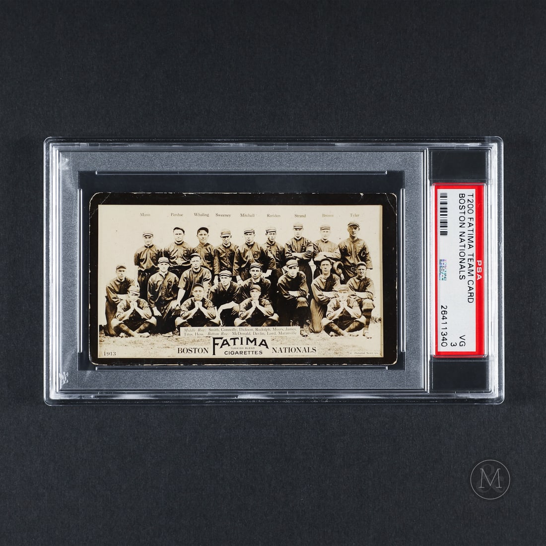 1913 Fatima Team Card Boston Nationals (PSA 3 VG): Offered here is the 1913 Fatima Tobacco Boston National team card. This premium glossy photographic issue features hall of fame inductee Rabbit Maranville. The Fatima set features all eight clubs from