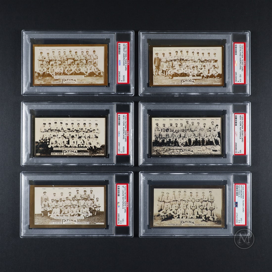 1913 Fatima Team Complete set (16/16): Offered here is a rare opportunity to purchase a complete 16 card Fatima Tobacco T200 set featuring some of baseball's most recognizable names in Honus Wagner, Ty Cobb and Shoeless Joe Jackson. The
