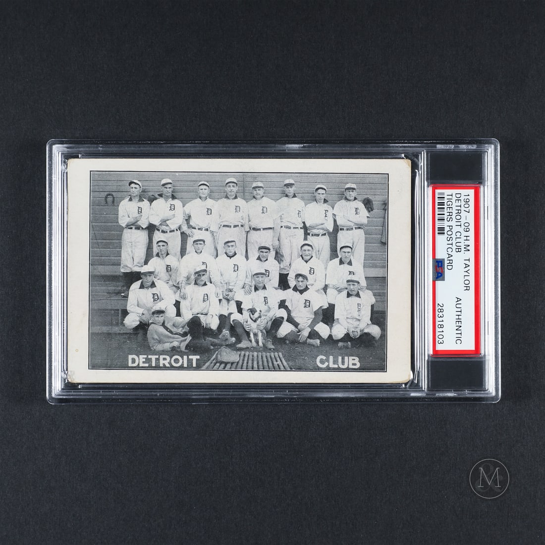 1907-09 H.M. Taylor Detroit Club Tigers Post Card w/ Ty Cobb Rookie (PSA Authentic): Offered here is a 1907-09 H.M Taylor Postcard featuring baseball legend Ty Cobb in his rookie era. Known as one of the first times Cobb is displayed on a card, this image is an incredible rarity.