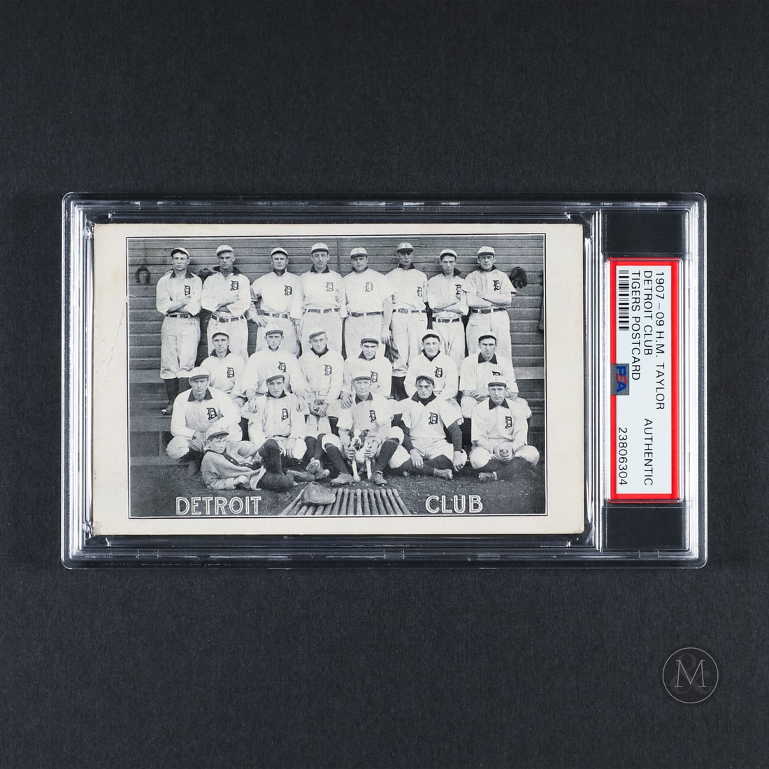 1907-09 H.M. Taylor Detroit Club Tigers Post Card w/ Ty Cobb Rookie (PSA Authentic): Offered here is a 1907-09 H.M Taylor Postcard featuring baseball legend Ty Cobb in his rookie era. Known as one of the first times Cobb is displayed on a card, this image is an incredible rarity.