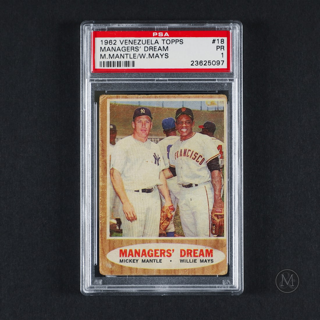 1962 Venezuela #18 Mickey Mantle PSA-1: Offered here is the rare 1962 Topps Venezuela Managers Dream card (#18) featuring Mickey Mantle and Willie Mays. This international issue is highly significant due to its limited foreign print