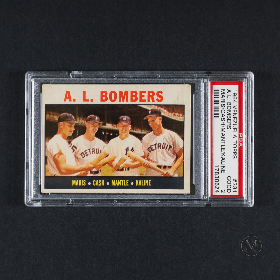 1964 Venezuela Topps #331 A.L Bombers (PSA 2 G): Offered here is the rare 1964 Topps Venezuela Mickey Mantle insert card (#331). This international printing is significant within the hobby due to its restricted South American distribution and unique