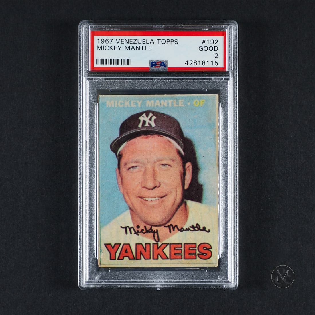 1967 Venezuela #192 Mickey Mantle (PSA 2 G): Offered here is the rare 1967 Topps Venezuela Mickey Mantle card (#192). This international checklist variation is highly significant among specialized collectors due to its distinct localized manufac