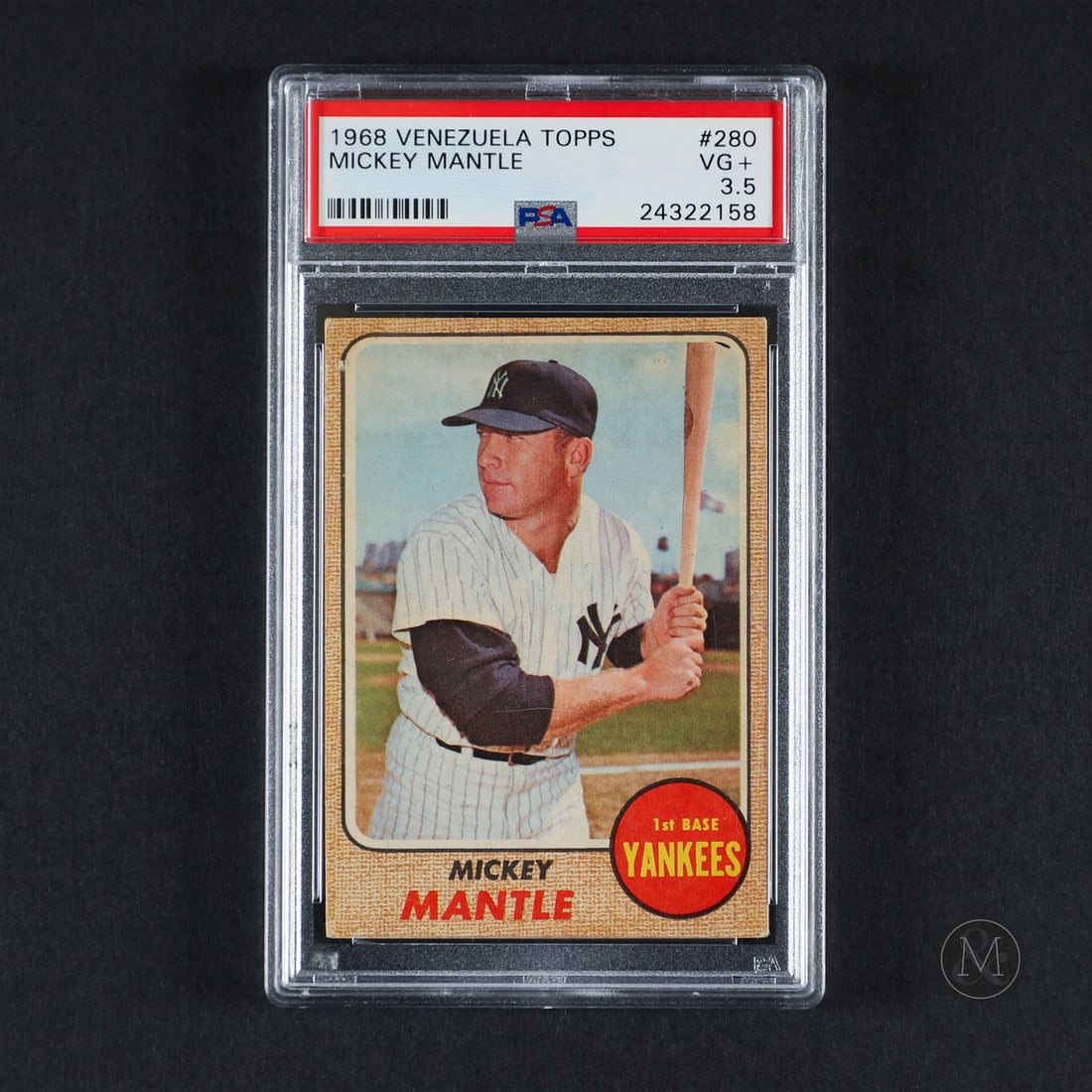 1968 Venezuela #280 Mickey Mantle (PSA 3.5 VG+): Offered here is the rare 1968 Topps Venezuela Mickey Mantle base card (#280). This international issue is significant for its foreign tracking profile, representing the final South American