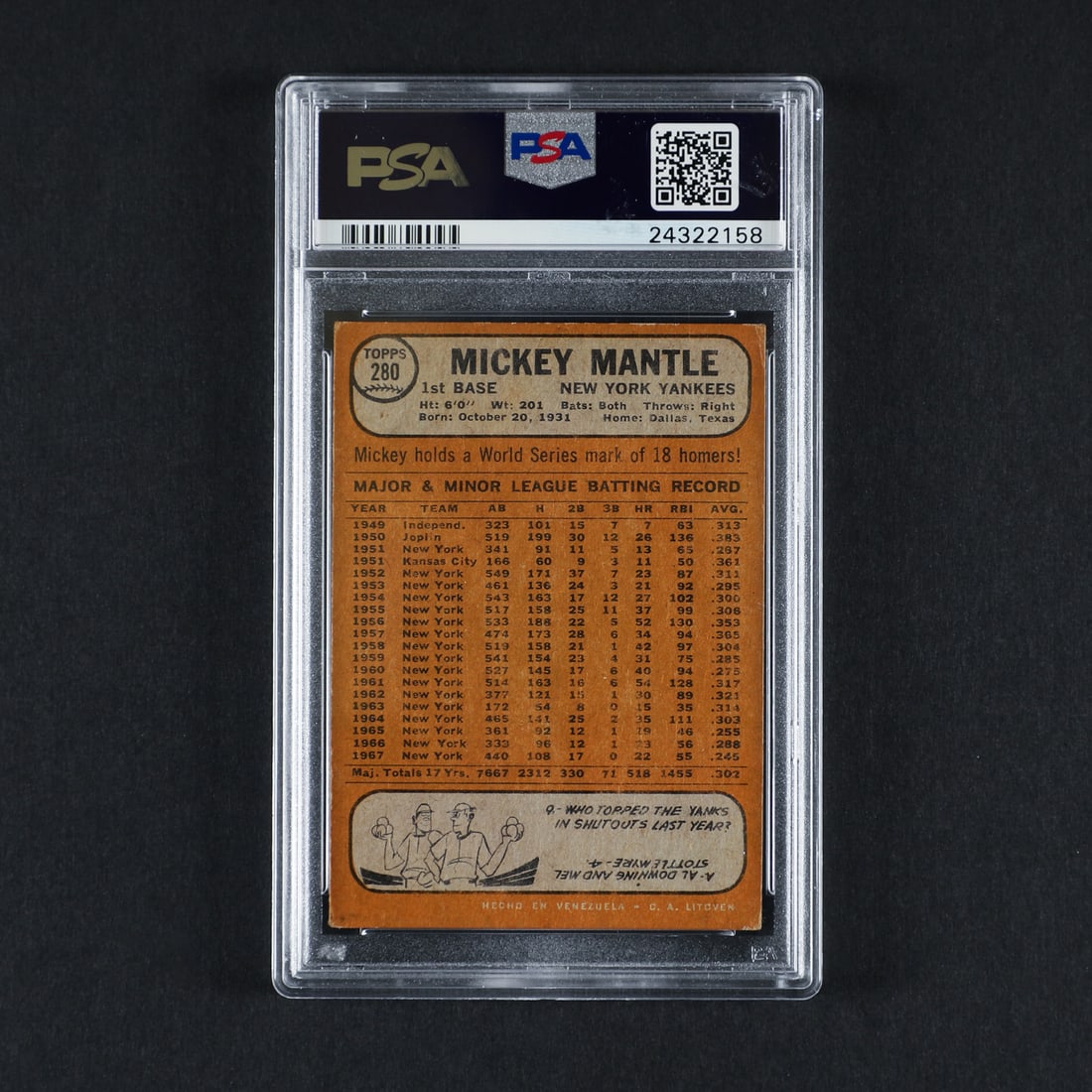 1968 Venezuela #280 Mickey Mantle (PSA 3.5 VG+) - 2