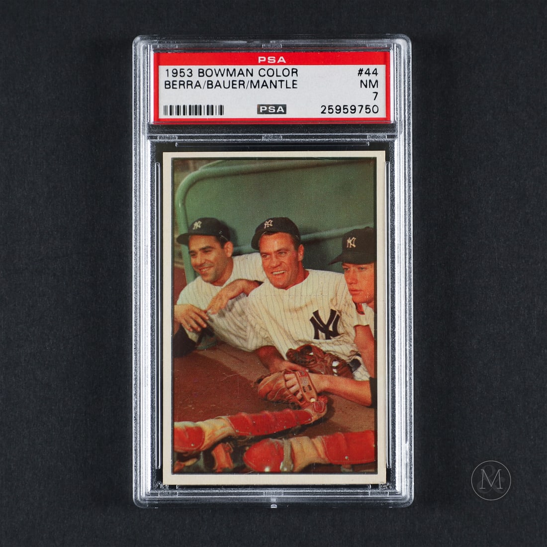 1953 Bowman #44 Mantle/Bauer/Berra (PSA 7 NM): Offered here is the 1953 Bowman Mickey Mantle card (#44). This issue is significant as a premier entry in Bowman’s highly-regarded 1953 color-photograph set, featuring Mantle alongside